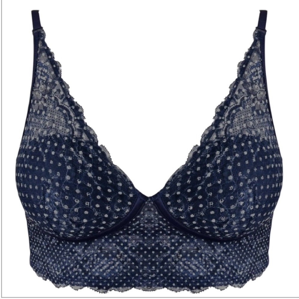 MAIDENFORM Convertible Wireless Bra Bralette Navy Blue Lace Polka Dots 36C NWT